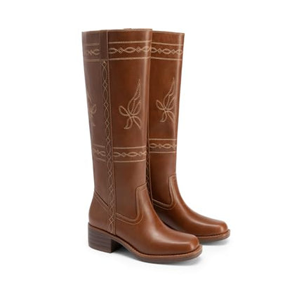 DREAM PAIRS Women's Knee High Boots Square Toe Stitched Tall Boots Embroidery Pull On Comfortable Long Boots for Country Concert,Size 7,Brown,SDKB26006W