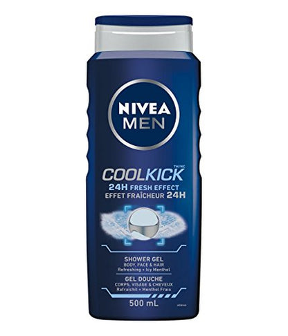 NIVEA MEN Cool Kick 3-in-1 Shower Gel, Body Face Hair, Icy Menthol, 500ml