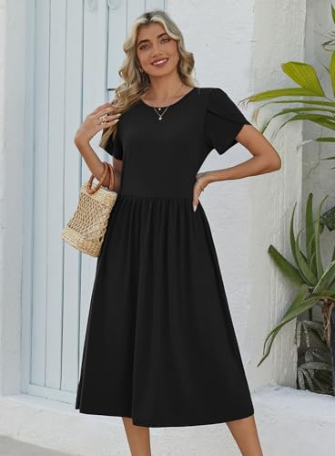 Zeagoo Dresses for Women 2026 Summer Short Sleeve Aline Dress Loose Flowy Tshirt Dress Beach Sundresses with Pockets Flare Midi Long Dresses Black Shirt Dress