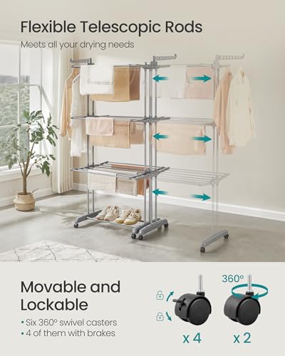 SONGMICS Clothes Drying Rack 4-Tier, Foldable Laundry Drying Rack 177.5 cm Tall, Extendable Rods, Stainless Steel, Rolling Clothes Horses, Laundry Airer, Indoor Outdoor Use, Dove Gray ULLR704G01