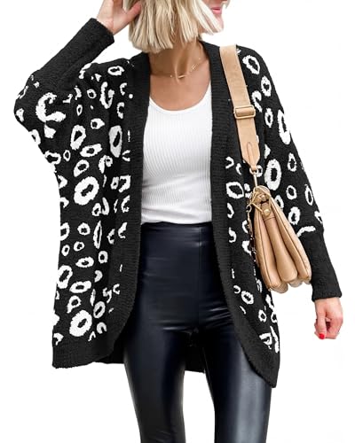 BTFBM Cardigan for Women Leopard Long Sleeve Open Front Cardigans Sweaters Pockets Loose Knit 2026 Spring Outfits(Black, Small)