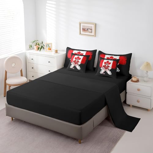 Feelyou Kids Ice Hockey Comforter Set 7 Pieces Twin Size Canada Flag Bedding Set for Boys Girls Winter Sports Hobby Bed in a Bag with Comforter, Sheets, Pillowcases & Cushion Covers