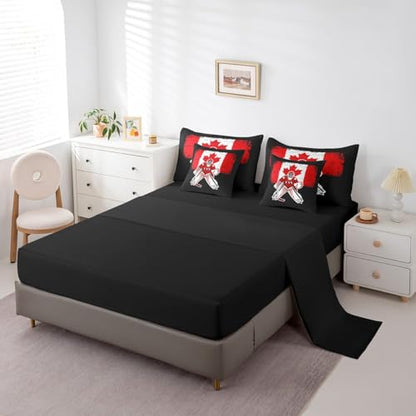 Feelyou Kids Ice Hockey Comforter Set 7 Pieces Twin Size Canada Flag Bedding Set for Boys Girls Winter Sports Hobby Bed in a Bag with Comforter, Sheets, Pillowcases & Cushion Covers