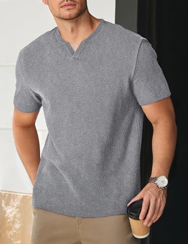 TUREFACE Men's V-Neck Short Sleeve Henley T-Shirts Grey Summer Casual Waffle Textured Pullover Tees