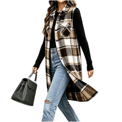 Manteau Automne Femme, Womens Long Plaid Vest Fall Jackets Flannel Khaki