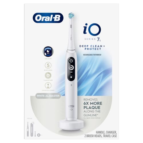 Oral-B iO Deep Clean + Protect Rechargeable Electric Toothbrush, White with Visible Pressure Sensor, 5 Cleaning Settings, 2 Min Timer, an iO Series 7 Toothbrush, 2 Replacement Brush Heads, and Charging Travel Case