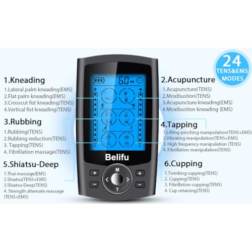 Belifu Dual Channel TENS EMS Unit with 12 Pads, 24 Modes Muscle Stimulator, Electronic Pulse Massager Muscle Massager for Pain Relief Therapy, Fastening Cable Ties, Dust-Proof Drawstring Storage Bag