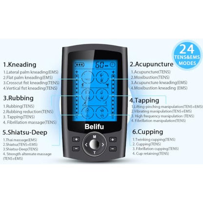 Belifu Dual Channel TENS EMS Unit with 12 Pads, 24 Modes Muscle Stimulator, Electronic Pulse Massager Muscle Massager for Pain Relief Therapy, Fastening Cable Ties, Dust-Proof Drawstring Storage Bag