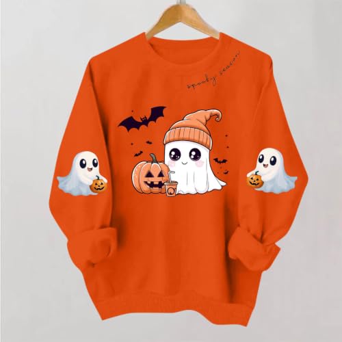Cute Halloween Sweatshirts for Women Ghost Pumpkin Fleece Pullover