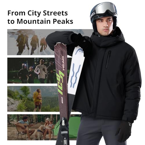 CAMEL Men's Winter Ski Jackets Waterproof Snow Coat with Hood Mountain Windproof Rain Jacket, Black, X-Large
