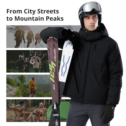 CAMEL Men's Winter Ski Jackets Waterproof Snow Coat with Hood Mountain Windproof Rain Jacket, Black, X-Large