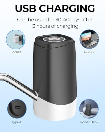 Water Dispenser Pump for 5 Gallon Bottles, USB Rechargeable Electric Water Bottle Pump, Portable Automatic Water Jug Dispenser for Home, Kitchen, Office & Camping Jet Black