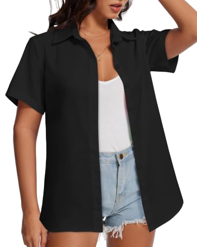 CHICALLURE Womens Hawaiian Shirts Short Sleeve Summer Tops,A Black,L