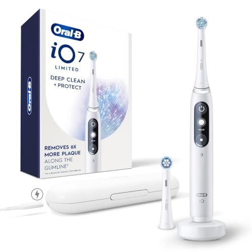 Oral-B iO Deep Clean + Protect Rechargeable Electric Toothbrush, White with Visible Pressure Sensor, 5 Cleaning Settings, 2 Min Timer, an iO Series 7 Toothbrush, 2 Replacement Brush Heads, and Charging Travel Case