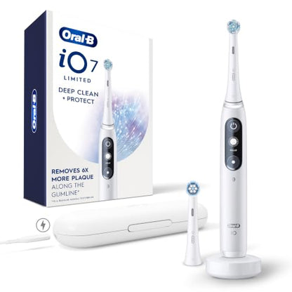 Oral-B iO Deep Clean + Protect Rechargeable Electric Toothbrush, White with Visible Pressure Sensor, 5 Cleaning Settings, 2 Min Timer, an iO Series 7 Toothbrush, 2 Replacement Brush Heads, and Charging Travel Case