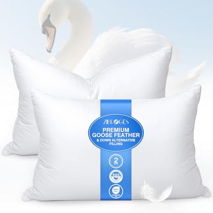 zibroges Goose Feather Pillow Queen Size Pack of 2, Medium Bed Pillows