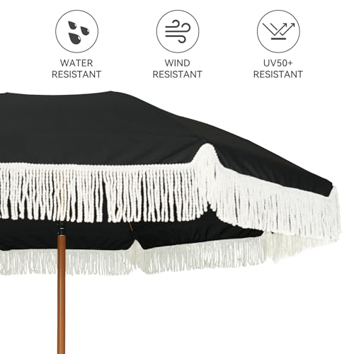 AMMSUN 7ft Boho Patio Umbrella with Fringe, Noble Black