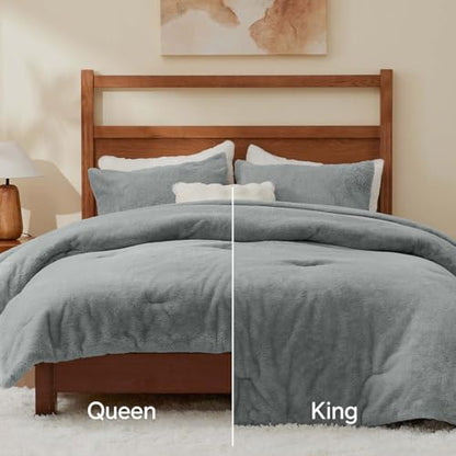 BEDELITE Faux Fur Queen Comforter Set Light Grey,Fluffy Bedding,2 Pillowcases