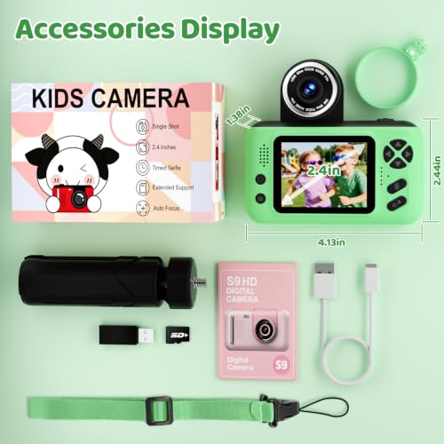 Kids Camera for Boys and Girls HD Selfie Digital Camera for 3-12 Year Old Kids with Tripod & SD Card, Perfect for Christmas & Birthday Gifts Best Festival Gift(Green)
