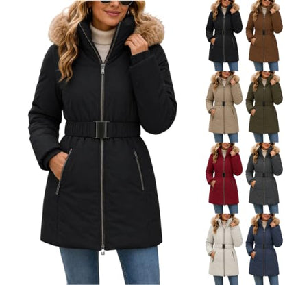 Long Puffer Jacket Women Detachable Hood Puffer Coat with Adjustable Waist