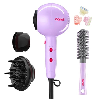 Conair Cake Pop Blowout Kit, Hair Dryer with Diffuser & Concentrator, Round Brush, 3 Claw Clips, Blow Dryer for Women, Tourmaline Ceramic Technology, 3 Heat/2 Speeds, Lilac, 505AMZ