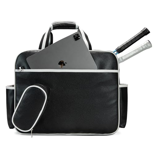 Tennis Bags Tennis Tote Bags Black PU Leather Women Men Women Portable Gym Bag Water Bottle Holder Sport Shoulder Straps Rackets Shoulder Bag Can Hold 2 Rackets