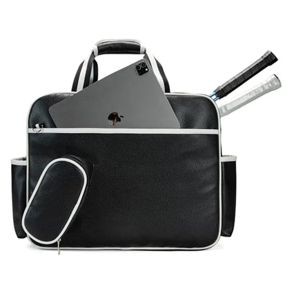 Tennis Bags Tennis Tote Bags Black PU Leather Women Men Women Portable Gym Bag Water Bottle Holder Sport Shoulder Straps Rackets Shoulder Bag Can Hold 2 Rackets