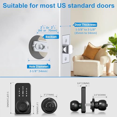 Smart Door Lock Knob Keyless Entry Door Lock Fingerprint Keypad | Touchscreen Keypad, Electronic Digital Code for Front Door, App Remote Control, Easy Installation, Smart Home
