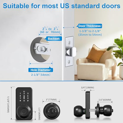 Smart Door Lock Knob Keyless Entry Door Lock Fingerprint Keypad | Touchscreen Keypad, Electronic Digital Code for Front Door, App Remote Control, Easy Installation, Smart Home