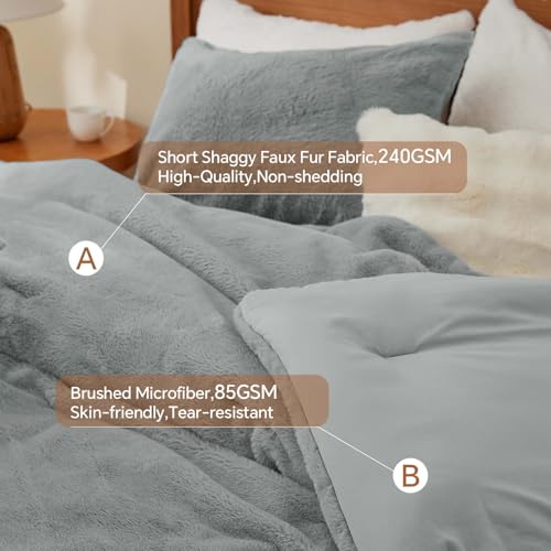 BEDELITE Faux Fur Queen Comforter Set Light Grey,Fluffy Bedding,2 Pillowcases