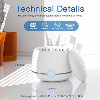 Midomi 45kHz Retainer Denture Cleaner Machine, Upgraded Jewelry Cleaner, 5min and 10min Timer with Rechargable Top Cover, 200ml Dental Cleaning Pod, MouthGuard Cleaner for Aligner NightGuard