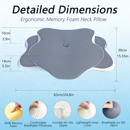 Cervical Neck Pillow Memory Foam, 2 in 1 Butterfly Contour Pillow for Neck Pain Relief, Ergonomic Support Pillow with 2 Heights for Side Back Stomach Sleeper, Breathable Ice Silk Cover