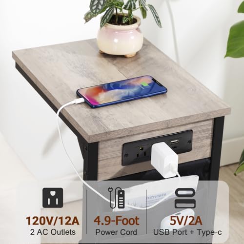 AMHANCIBLE C Shaped Side Table, with Charging Station, TV Tray Set of 2