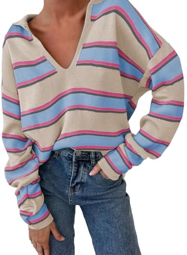 EVALESS Women's Striped Pullover Sweaters Polo V Neck Henley Shirt Cute Daily Winter Chunky Colorblock Sweater Autumn Top Thanksgiving Fashion Outfits L Apricot