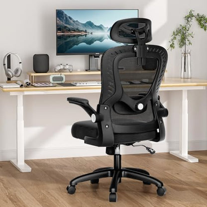 Office Chair, SPRDENG Ergonomic Office Chair with Two-Way Adjustable Lumbar Support & Headrest, High Back S-Shaped Computer Chair with Flip-up Padded Armrests, Swivel Task Chair for Home Office