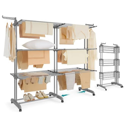 SONGMICS Clothes Drying Rack 4-Tier, Foldable Laundry Drying Rack 177.5 cm Tall, Extendable Rods, Stainless Steel, Rolling Clothes Horses, Laundry Airer, Indoor Outdoor Use, Dove Gray ULLR704G01