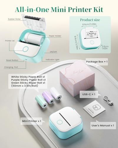 Memoking Mini Sticker Printer, T02 Portable Thermal Printer, Photo Printer | Bluetooth Sticker Maker for Kids, Inkless Label Maker, Print Pods Printer Trays, Smart AI APP, for Study Note, DIY, Gifts