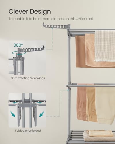 SONGMICS Clothes Drying Rack 4-Tier, Foldable Laundry Drying Rack 177.5 cm Tall, Extendable Rods, Stainless Steel, Rolling Clothes Horses, Laundry Airer, Indoor Outdoor Use, Dove Gray ULLR704G01