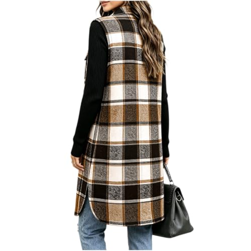 Manteau Automne Femme, Womens Long Plaid Vest Fall Jackets Flannel Khaki