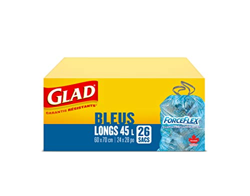 Glad Blue Recycling Bags - Tall 45 Litres - ForceFlex, Drawstring, 26 Trash Bags, Made in Canada of Global Components