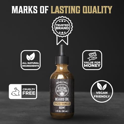 Viking Revolution Beard Oil - Spiced Vanilla - 1 fl oz | 100% Natural Ingredients - Formulated with Argan Oil & Jojoba Oil - Softens Rough Hair & Hydrates Skin - Spiced Vanilla Scent