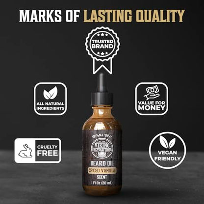 Viking Revolution Beard Oil - Spiced Vanilla - 1 fl oz | 100% Natural Ingredients - Formulated with Argan Oil & Jojoba Oil - Softens Rough Hair & Hydrates Skin - Spiced Vanilla Scent