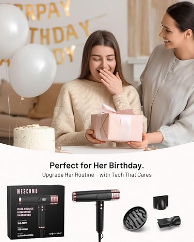 MESCOMB Dual Voltage Ionic Hair Dryer - 1875W Blow Dryer with Diffuser for Fast Drying, No Heat Damage, No Frizz, Low Noise | Lightweight | Compact, Travel Hair Dryer for Women & Men(100-240V)