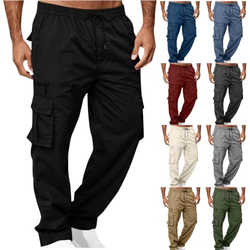 Mens Drawstring Elastic Waist Cargo Pants Straight Leg Casual Pants
