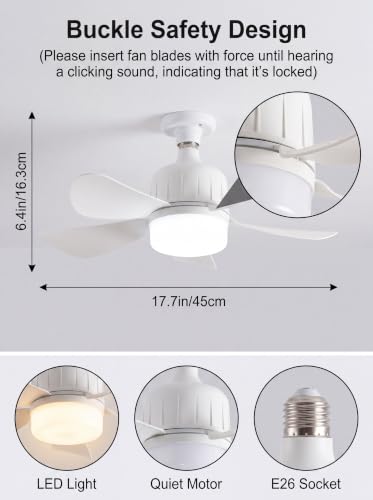 17.71 inch Socket Fan Light Ceiling Fan with Lights, Remote Control, LED Light Bulb E26 Base, Plug Screw in Ceiling Fan in Light Socket for Bedroom, Kitchen, Living Room, Balcony(white)