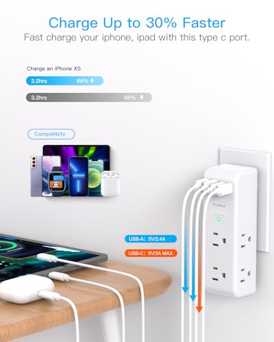 Surge Protector Outlet Extender Power Bar 6 AC with 4 USB Rotating Plug