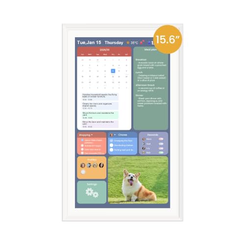 Winnovo 15.6-Inch Smart Digital Calendar & Photo Frame for Family, Wall Planner with Auto-Sync to Apple, Google & Outlook, Touchscreen Display with Chore Chart, To-Do Lists & Meal Planner, White Frame