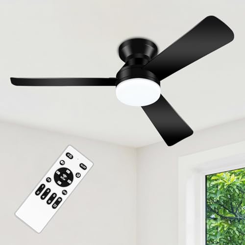 ZOUQILAI 42" Black Ceiling Fans with Lights and Remote, Low Profile Ceiling Fan with Light, Reversible DC Motors, 3CCT Dimmable Timer Noiseless, Flush Mount Ceiling Fan for Bedroom/Living Room