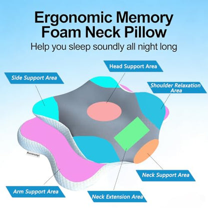Cervical Neck Pillow Memory Foam, 2 in 1 Butterfly Contour Pillow for Neck Pain Relief, Ergonomic Support Pillow with 2 Heights for Side Back Stomach Sleeper, Breathable Ice Silk Cover