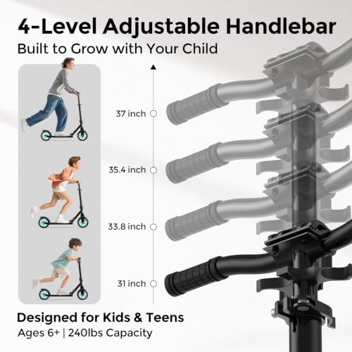 WAYPLUS Kick Scooter for Ages 6+,Kid, Teens & Adults. Max Load 240 LBS. Foldable, Lightweight, 8IN Big Wheels for Kids, Teen and Adults, 4 Adjustable Levels. Bearing ABEC10